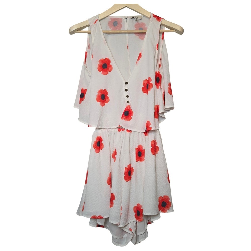 Ava. Floral Poppy Print Cold Shoulder Romper White Red Medium